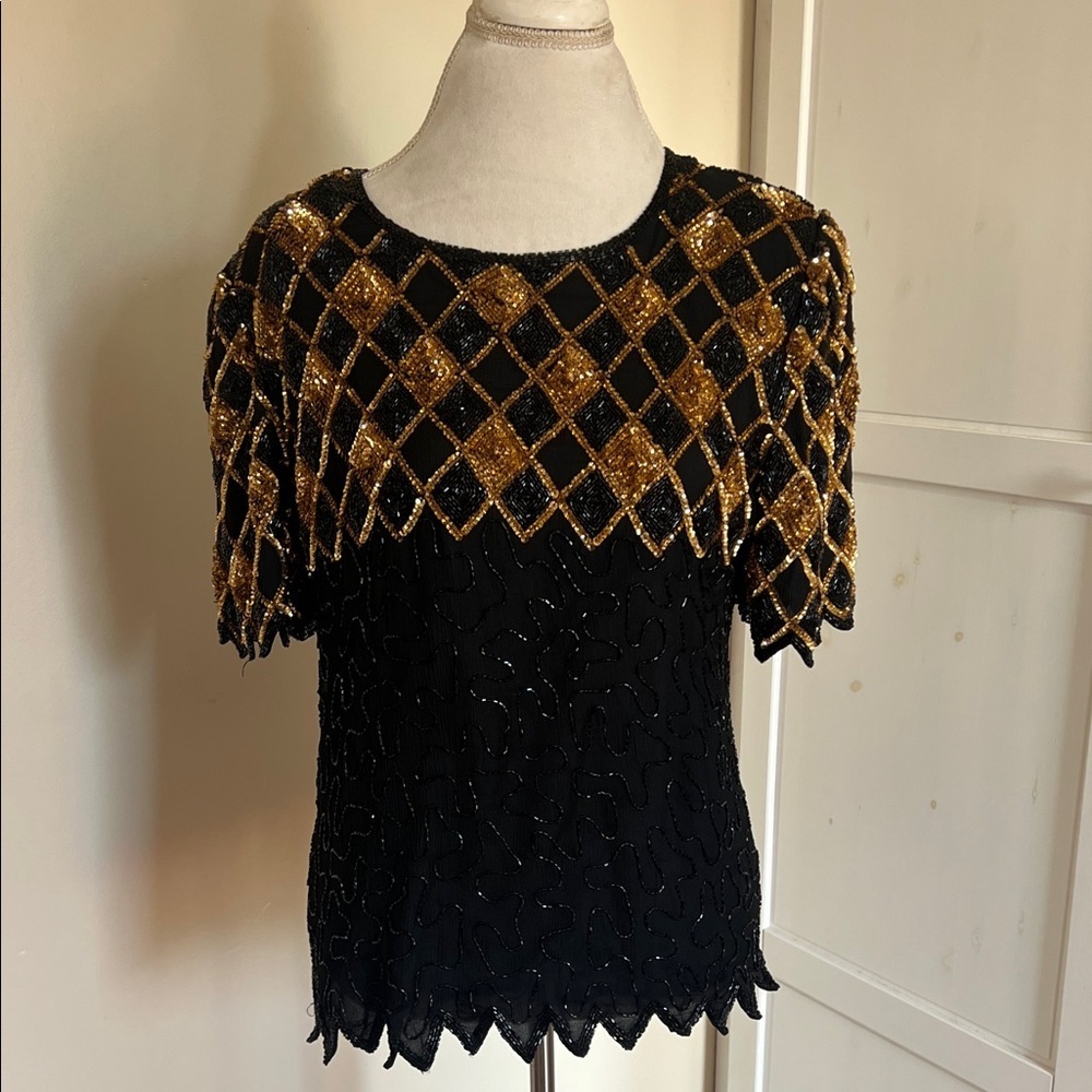 Vintage Mark & John by Gopal Beaded Silk Top - Gold Harlequin Pattern - Large